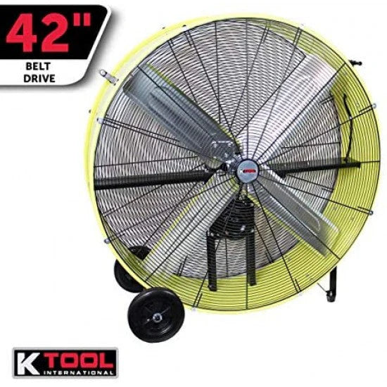 42�测�� Belt Drive Drum Fan; Industrial, Garage, Shop, High Speed 2-Speed, Durable, Cut-Off Protection, Easy Mobility Rubber Wheels; SAFETY YELLOW.