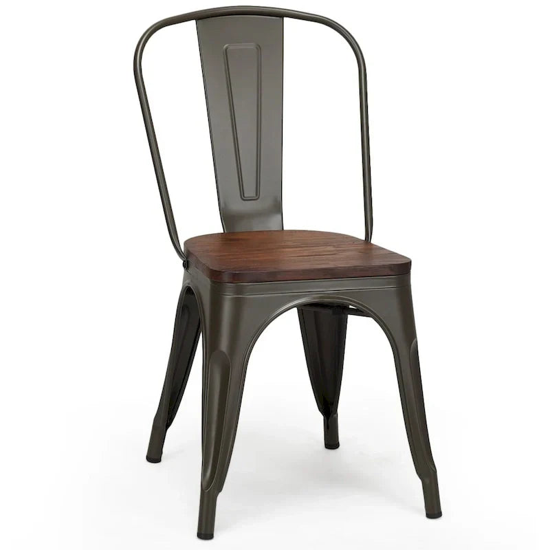 Set of 4 Stackable Bistro Cafe Dining Chairs with Metal Frame and Wooden Seat - Details Inside
