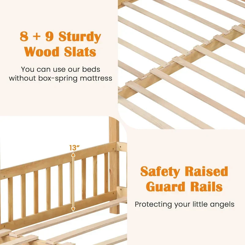 Gymax Twin to King Wooden House Bed Daybed with Safety Rails & Customizable Design