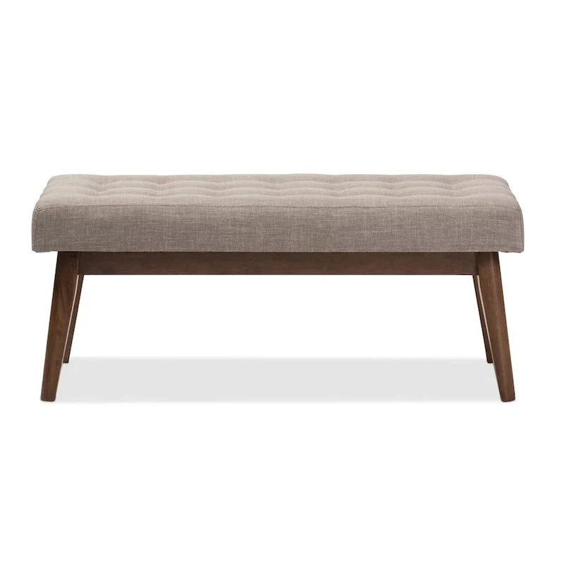 Mid Century Upholstered Bench with Tufted Seat and Wooden Legs