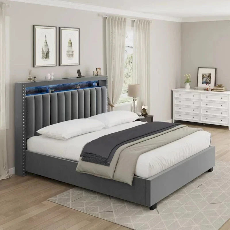 King Size Velvet Gas Lift Storage Bed with LED RF Lights and Storage Headboard
