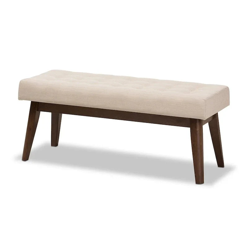 Mid Century Upholstered Bench with Tufted Seat and Wooden Legs
