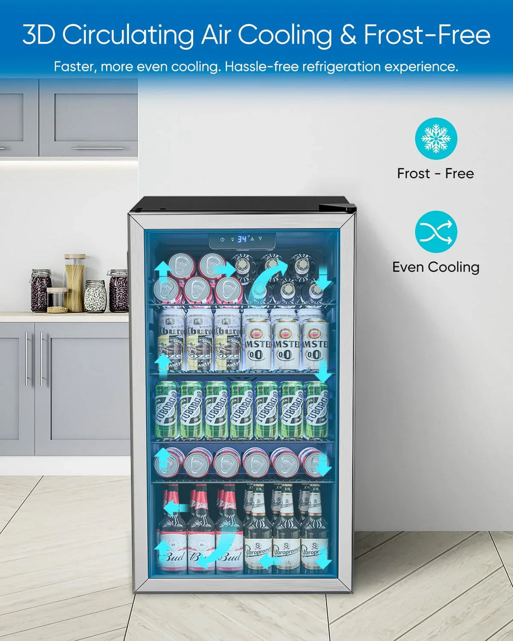 Beverage Refrigerator Cooler - 126 Can Mini Fridge Glass Door for Drinks Soda Beer Wine - Small Refrigerator for Office Bedroom Home Bar, 4 Adjustable Shelves, 3.2 Cu.Ft, Silver