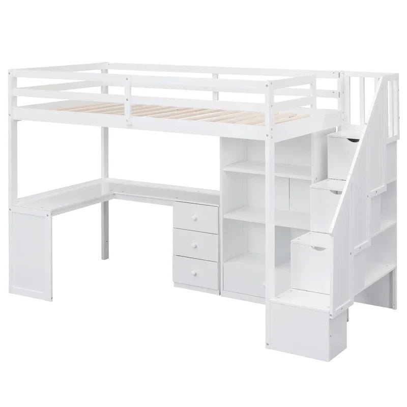 Loft Bed with Desk Storage Drawers Shelves and Staircase