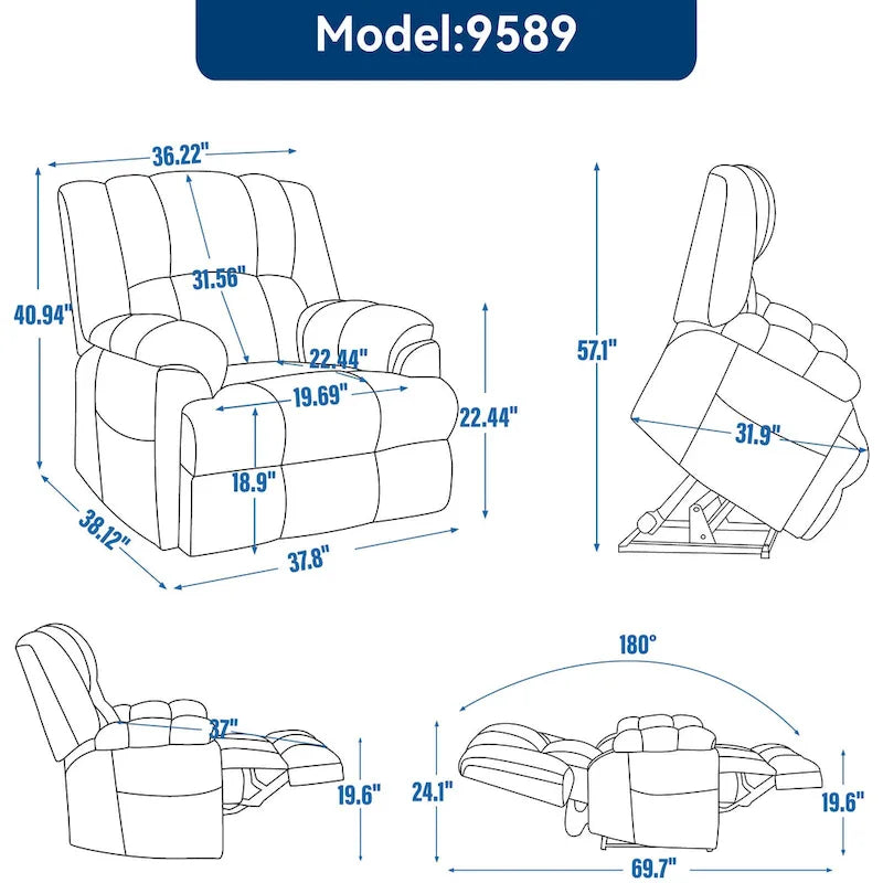 Grey Oversized Chenille Power Lift Recliner with Massage, Heating, and Flat Lay Feature