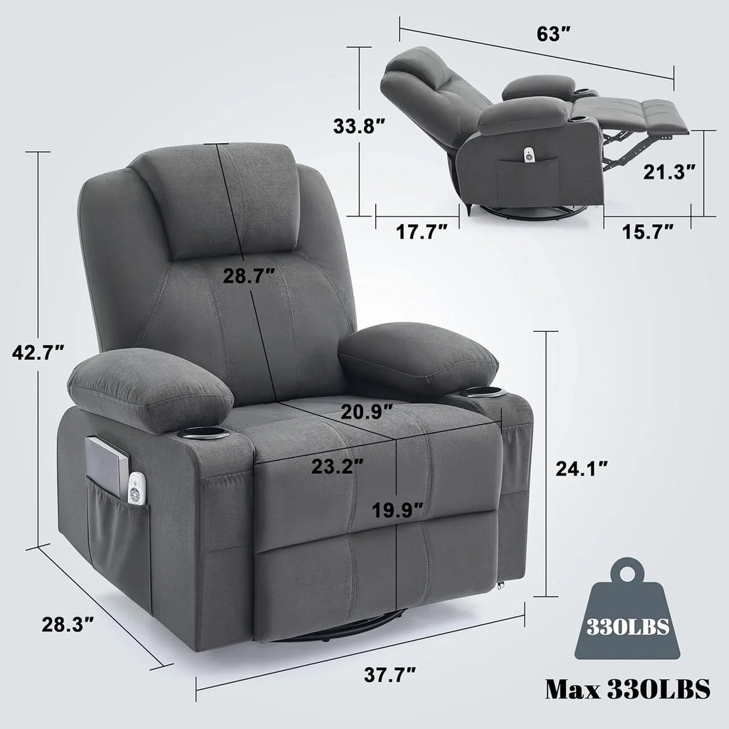 Oversized Swivel Rocker Recliner Chair with Heat and Massage, 360 Degree Swivel Rocking Single Sofa with Cup Holders and USB Port, Large Big Recliner Chair for Living Room (Leather, Brown)