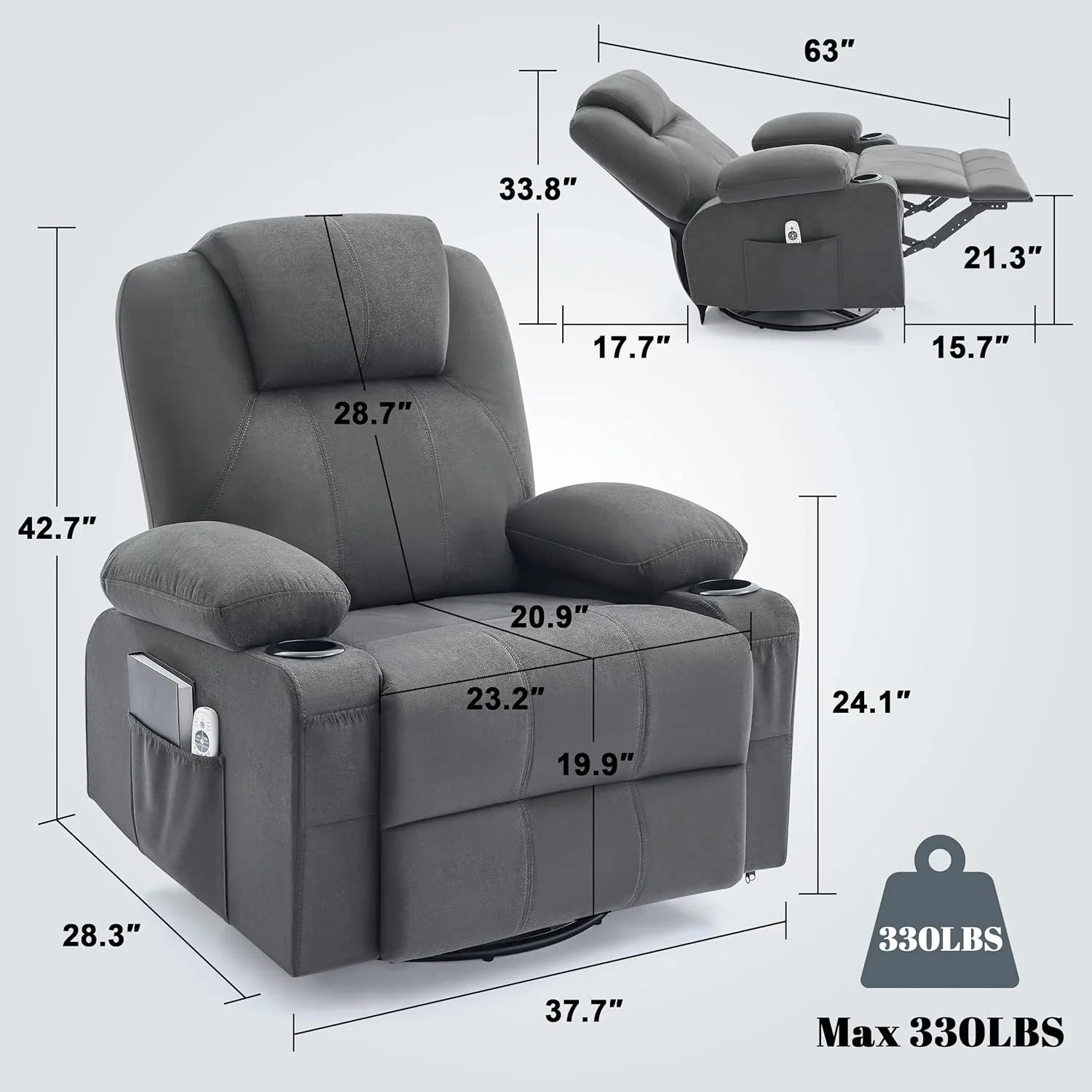 Oversized Swivel Rocker Recliner Chair with Heat and Massage, 360 Degree Swivel Rocking Single Sofa with Cup Holders and USB Port, Large Big Recliner Chair for Living Room (Leather, Brown)