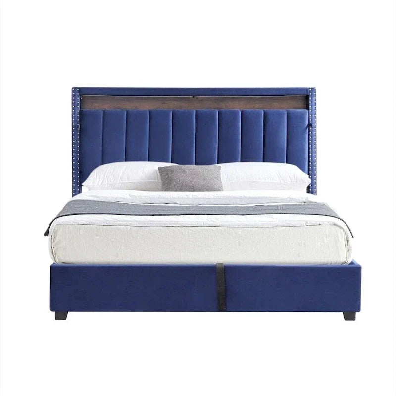 King Size Velvet Gas Lift Storage Bed with LED RF Lights and Storage Headboard