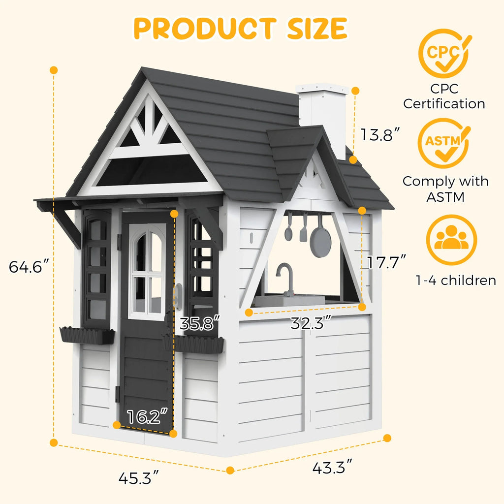 COCLUB Outdoor Playhouse for Kids Ages 4-8, Wooden Play House with Doorbell, Phone, Kitchen Toys, Outdoor Kids Play Equipment, Casa Para Ni?as (45L x 65H), White & Black