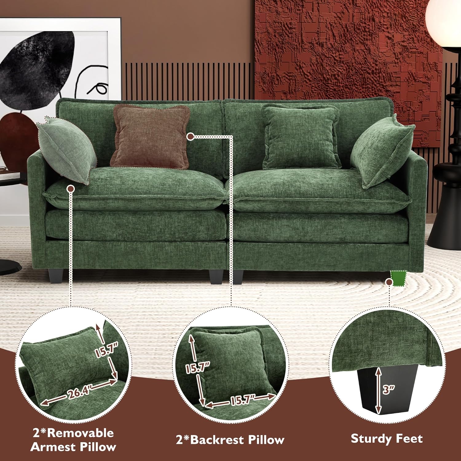 Ihanherry 146" U-Shaped Modern Sofa Modular Sectional Cloud Couch with 2 Ottoman, 6-Seat Chenille Deep Seat Sofa with 6 Pillows for Living Room, Bedroom and Apartment, Grey