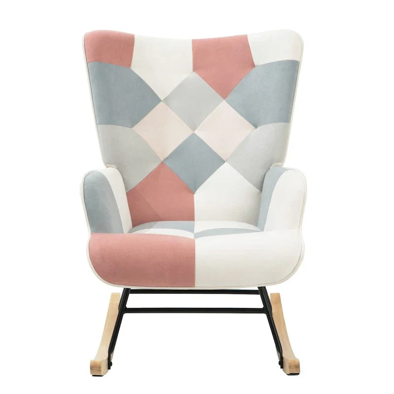 Mid-Century Patchwork Linen Rocking Chair with Wooden Legs