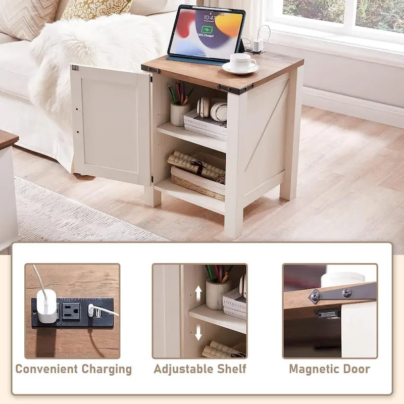 Rustic Wood Nightstand with Charging Station – Versatile End Table and Side Table