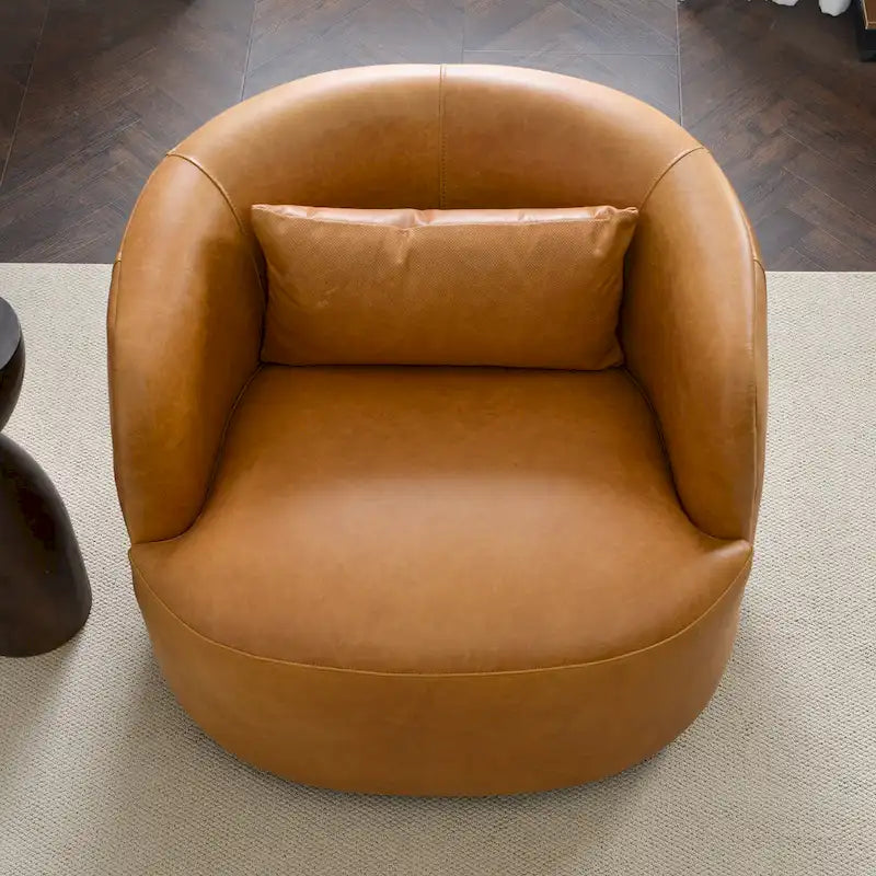 KINWELL Contemporary Genuine Leather Swivel Armchair with Cushion