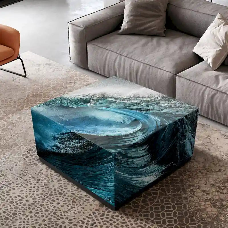 Sapphire Sea Beveled Art Glass Cocktail Table with Black Plinth Base - Reverse Printed Design