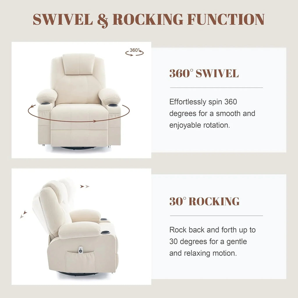 Oversized Swivel Rocker Recliner Chair with Heat and Massage, 360 Degree Swivel Rocking Single Sofa with Cup Holders and USB Port, Large Big Recliner Chair for Living Room (Leather, Brown)