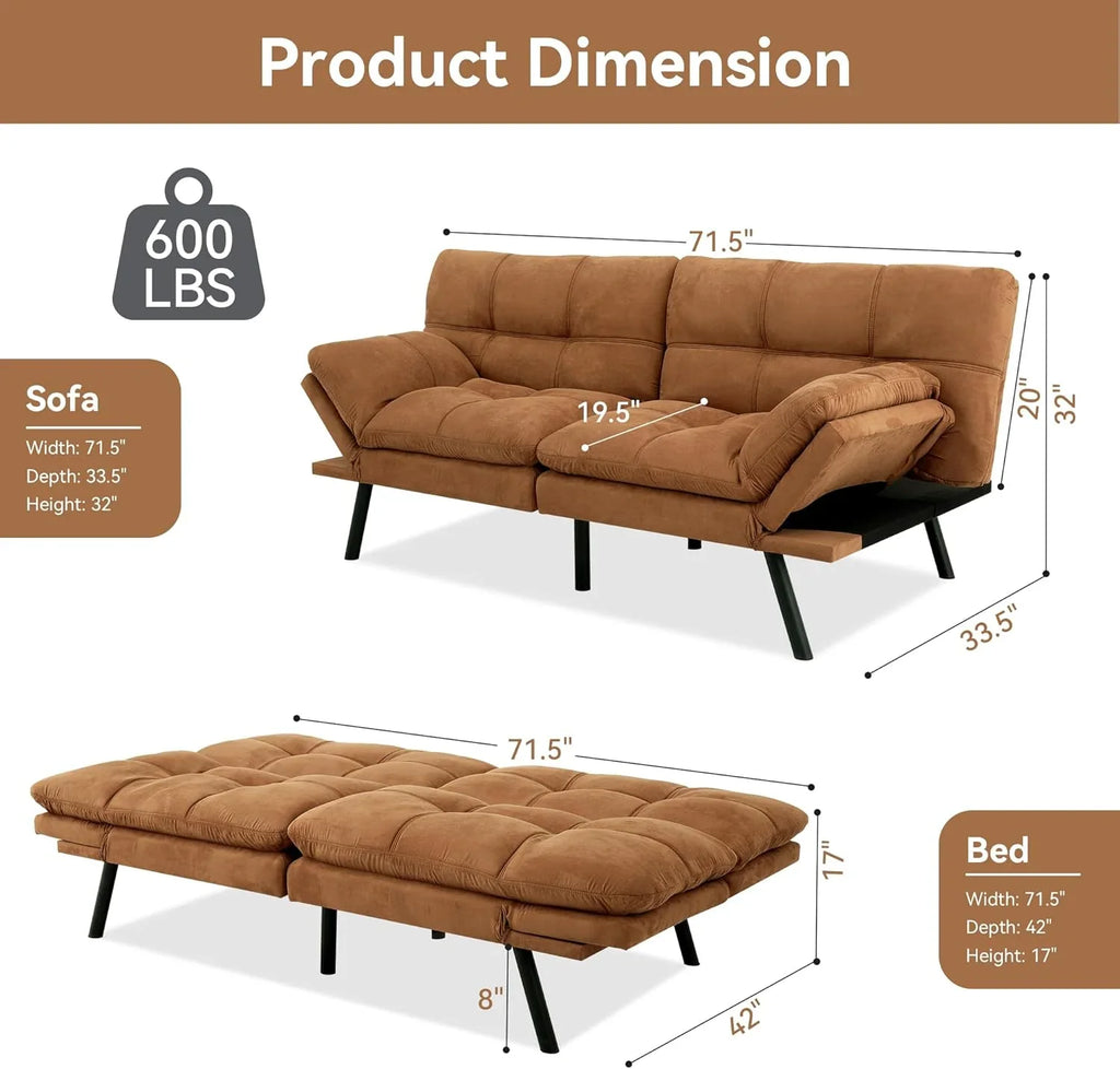 Amazon Basics Brown Loveseat,Convertible Couch Memory Foam Futon Sofa Bed Modern Sleeper Sofa for Small Compact Living Room,Office,Apartment, Linen Fabric