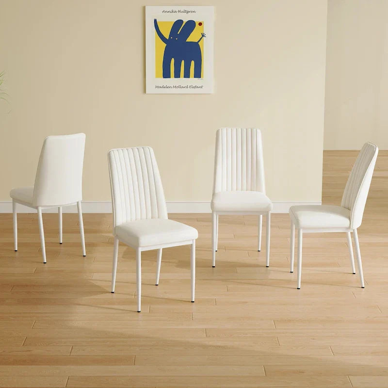 Set of 4 Modern Leather Upholstered Dining Chairs with Vertical Striped Backrest and Metal Legs