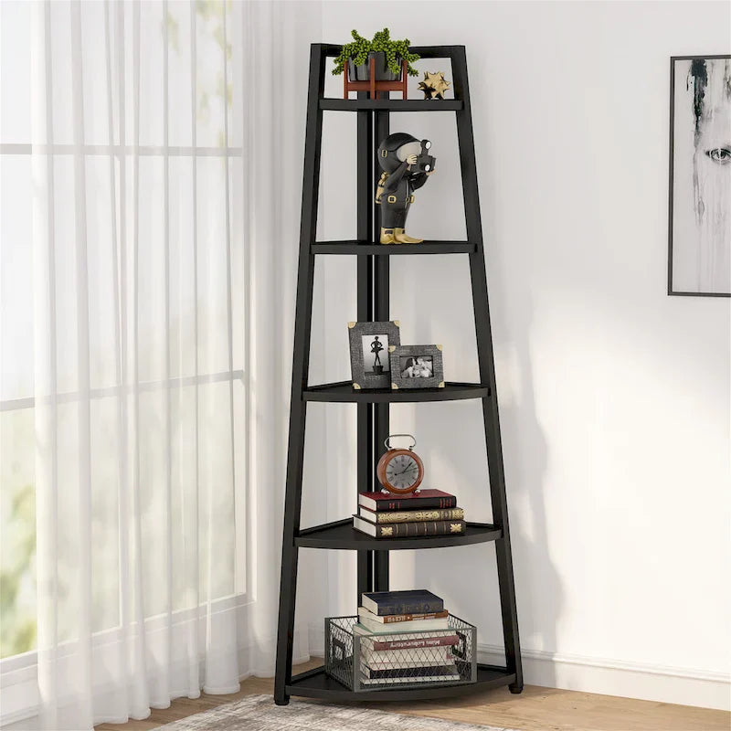 Rustic Brown 5-Tier Corner Shelf Storage Tower for Bathroom
