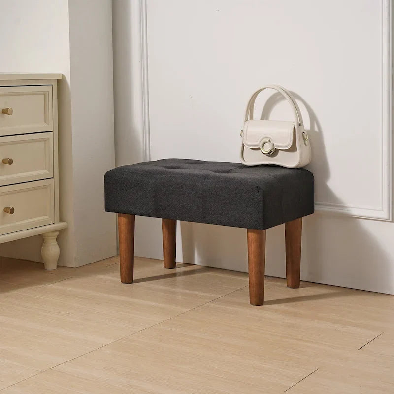 Set of 2 Small Linen Foot Stools with Legs - Rectangle Upholstered Ottoman Footrests