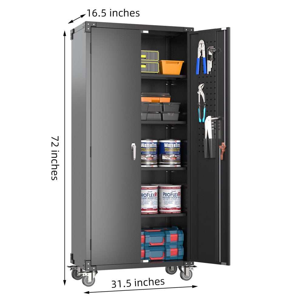 GangMei 72′′ Black Metal Garage Storage Cabinet with Wheels & Pegboard, 4 Adjustable Shelves, Lockable Tool Organizer