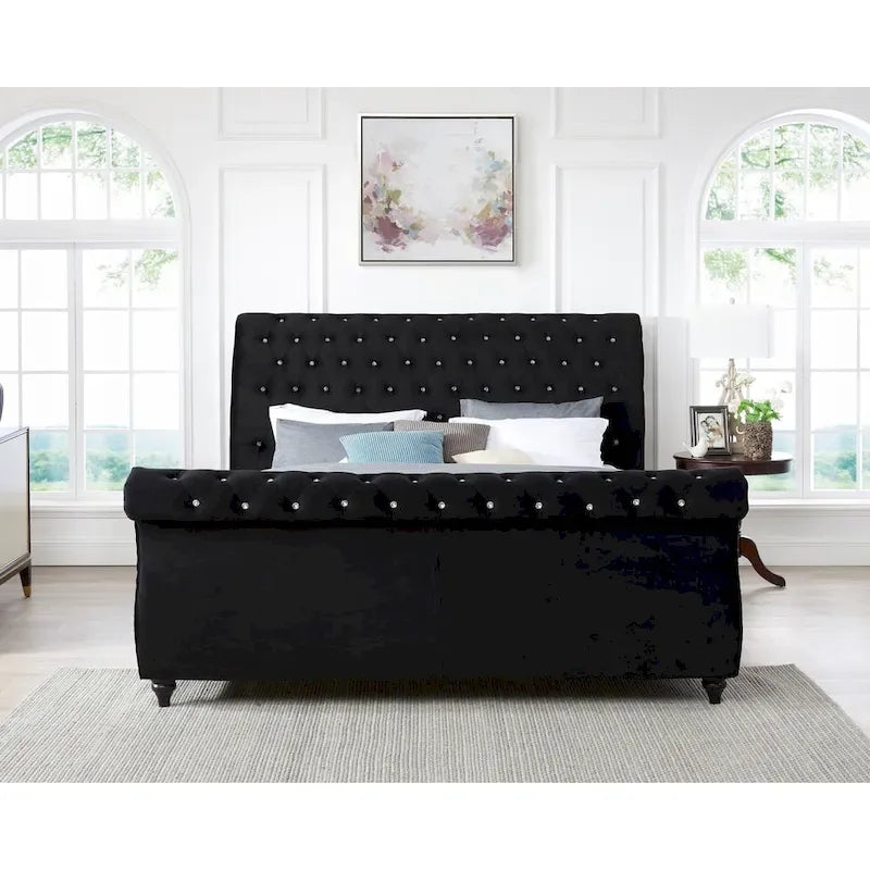 Gracewood Hollow Trivedi Black Velvet Sleigh Bed with Crystal Button Tufting