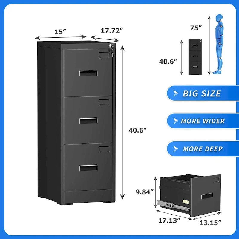 Metal Locking File Cabinet with 3 Drawers for Home Office