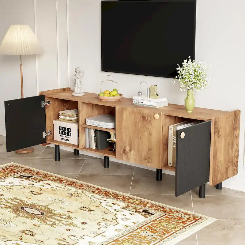 Mid-Century Modern TV Stand with 3 Cabinets - Media Console for TVs up to 70 inches, Stylish Entertainment Center with Storage for Living Room