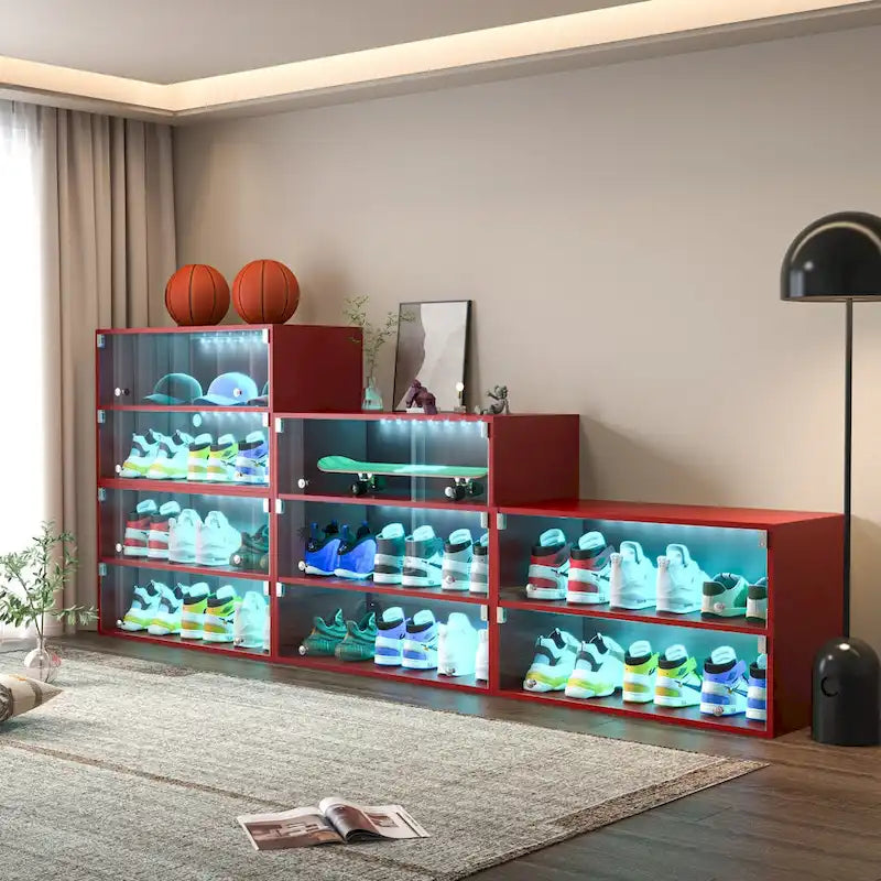 LED-Illuminated Glass Door Shoe Storage Cabinet for Sneakers