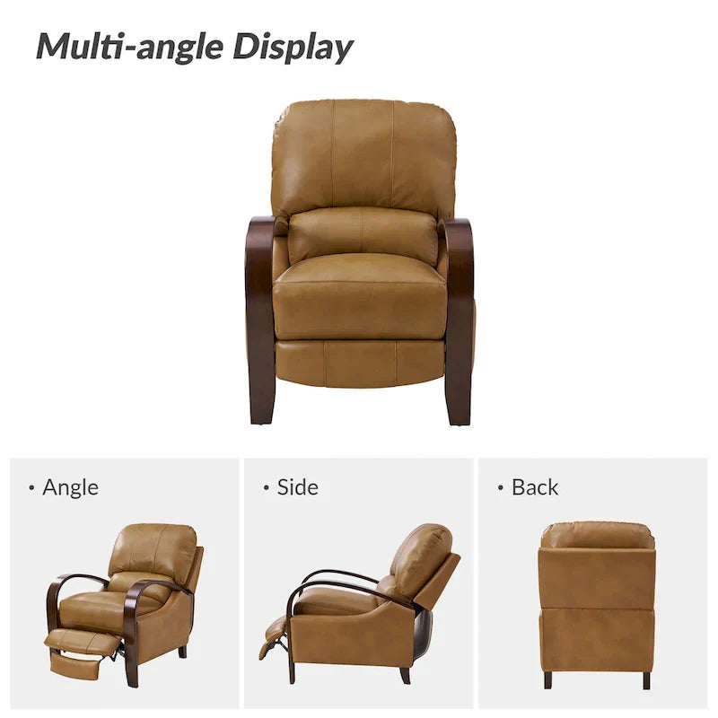 Set of 2 Alex Mid-Century Modern Genuine Leather Manual Recliners with Curved Wooden Arms