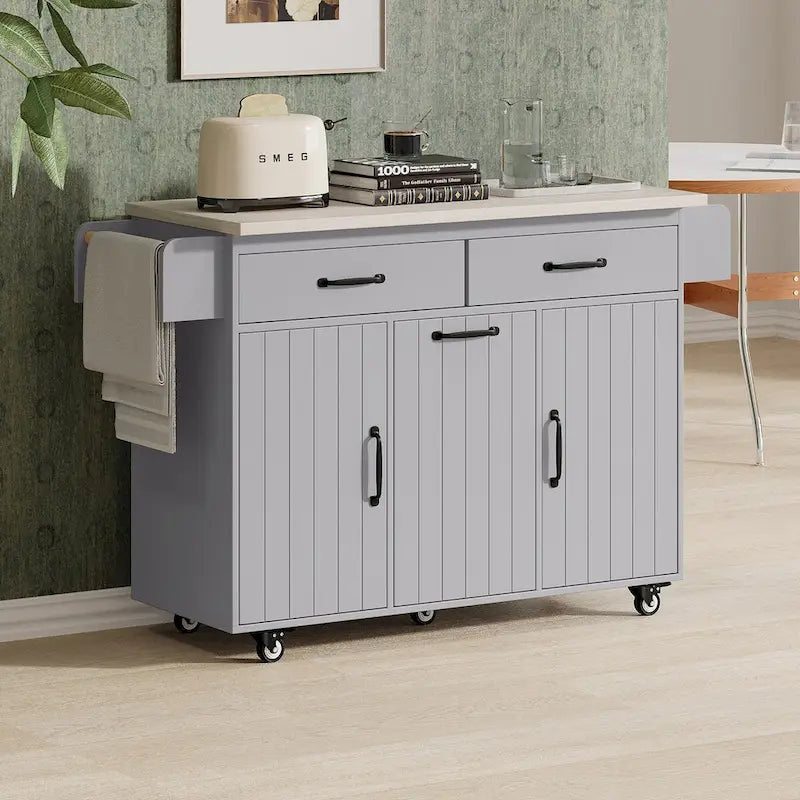 Kitchen Island with Built-In Trash Can Storage and Drop Leaf Cart