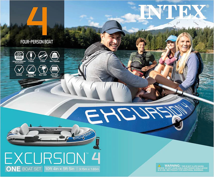 Excursion Inflatable Boat Series: Includes Deluxe 54in Boat Oars and High-Output Pump – SuperTough PVC – Adjustable Seats with Backrest – Fishing Rod Holders – Welded Oar Locks