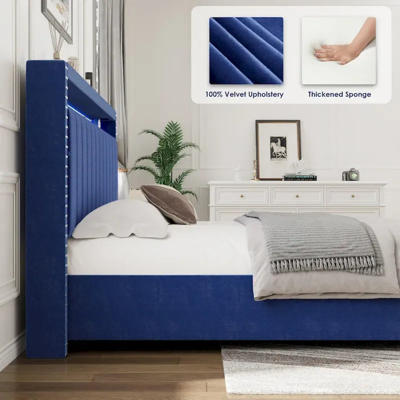King Size Velvet Gas Lift Storage Bed with LED RF Lights and Storage Headboard