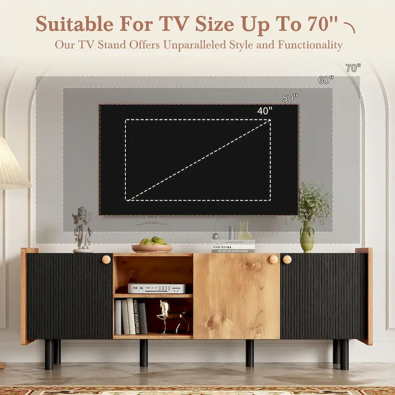 Mid-Century Modern TV Stand with 3 Cabinets - Media Console for TVs up to 70 inches, Stylish Entertainment Center with Storage for Living Room