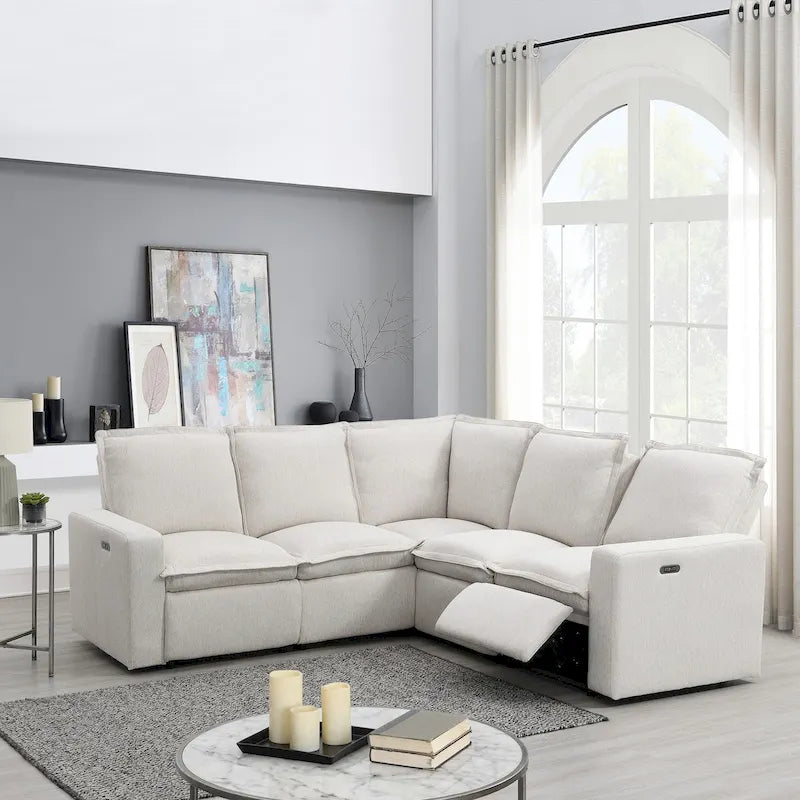 Linen Upholstered Power Recliner L-Shaped Sectional Sofa with USB Port - Soft Home Theater Seating for Living Room