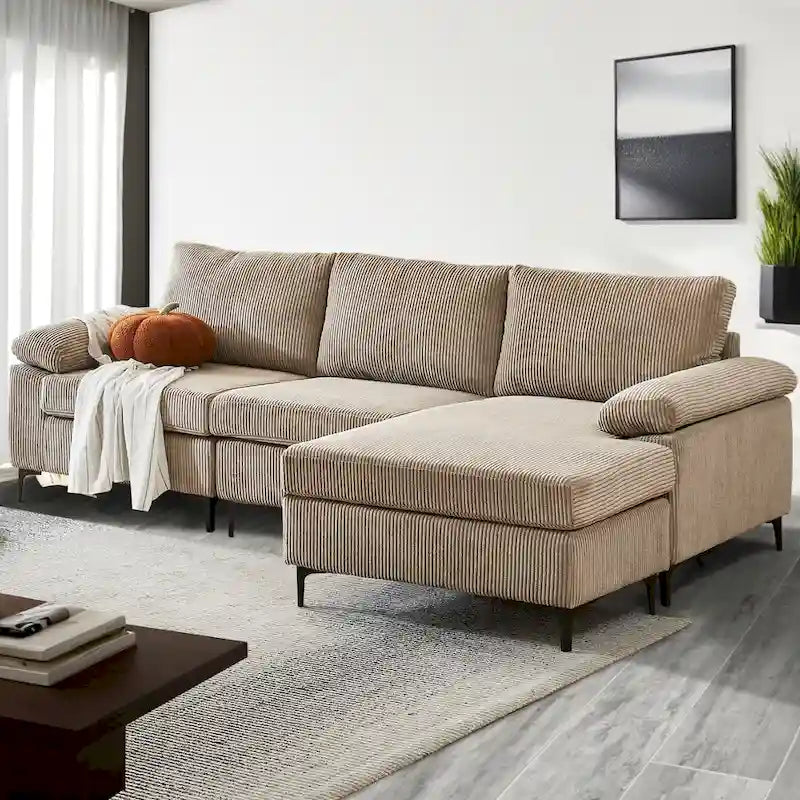 HOOOWOOO Reversible Corduroy Chaise Sofa with Wide Armrests and Ottoman for Living Room