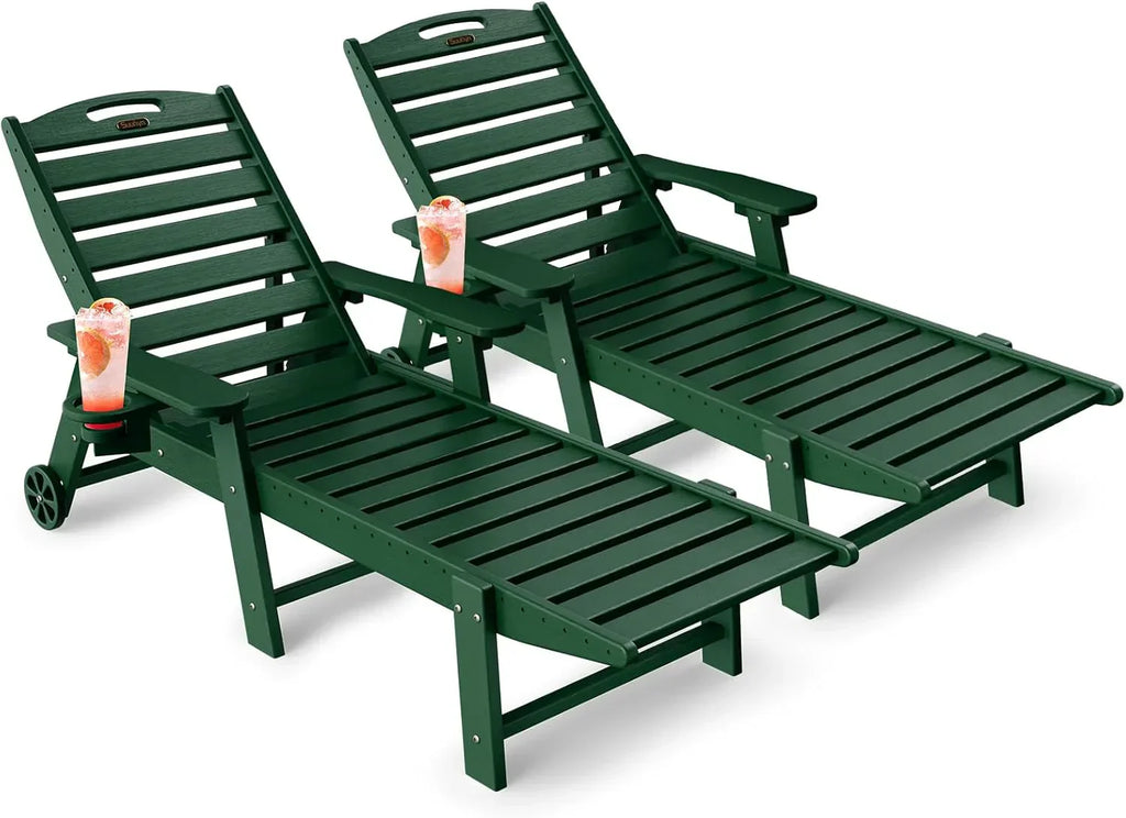 Lounge Chair Outdoor, Chaise Lounge, HDPE 6-Position Outdoor Chaise Lounge, Patio Lounge Chair with Wheels & Cup Holder for Pool Poolside Deck Backyard, Teak