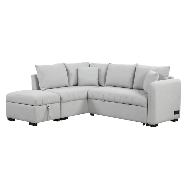 Sectional Sofa Bed with Storage Ottoman USB Ports and Pull Out Design