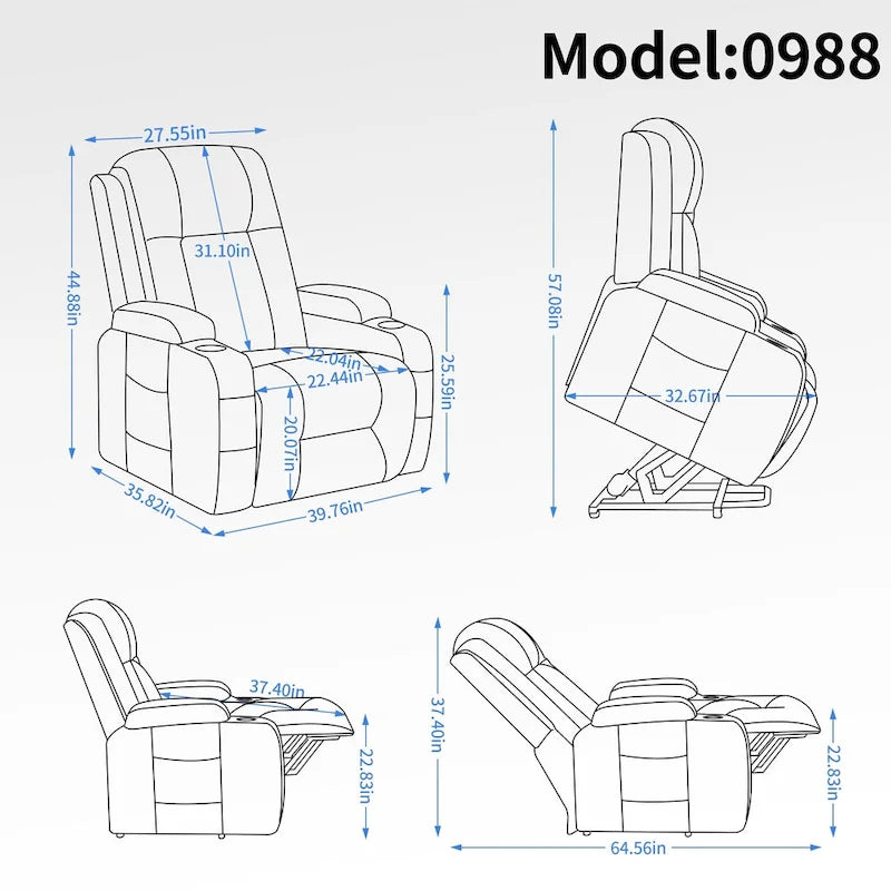 Lazy Boy Power Lift Recliner Chair, Modern Single Motor Massage Sofa Chair with Lumbar Heating, USB Charging Port, Cup Holders