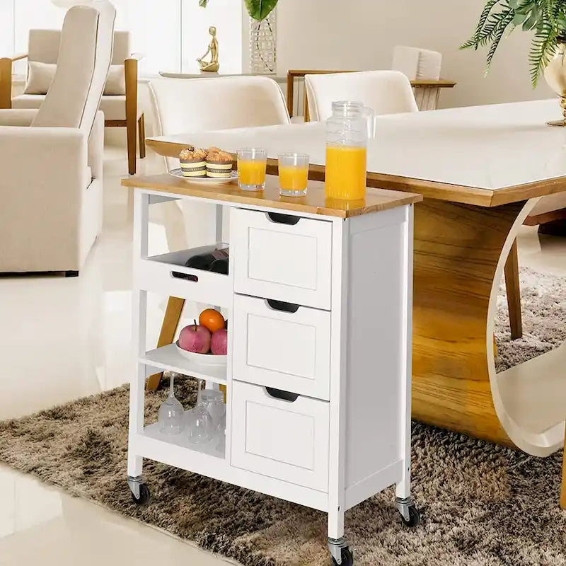 Kitchen Cart with Drawers Open Shelves and Wooden Top on Wheels