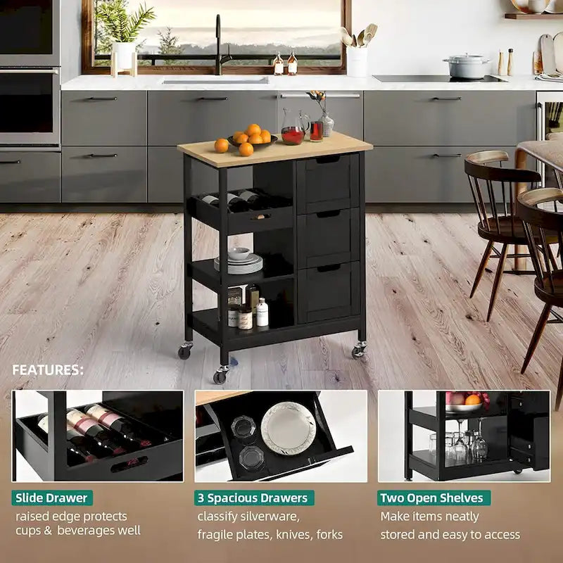 Kleio Solid Wood Kitchen Island Storage Cart with 3 Drawers - Rolling Serving Trolley