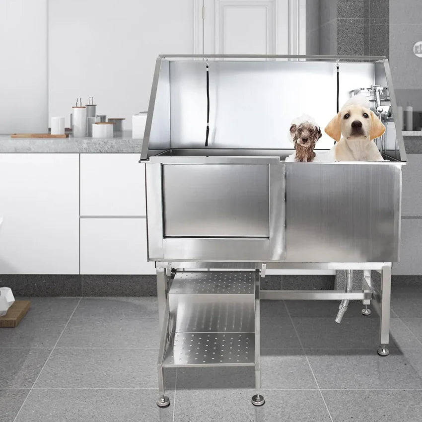 50" Dog Wash Bathtub, Pet Wash Station, Professional Stainless Steel Dog Grooming Tub with Ramp, Faucet, Sprayer, Drain Kit, Right Door