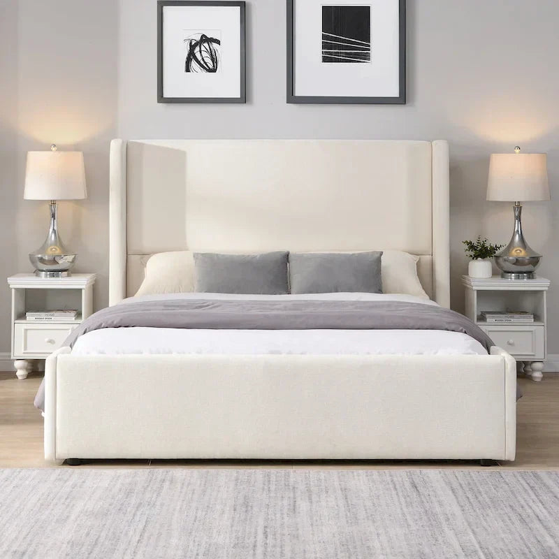 Isabella Queen White Upholstered Bed with Tall Wingback Headboard by Christopher Knight Home