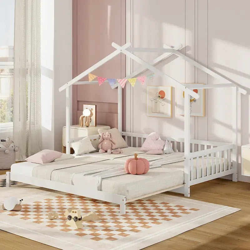 Gymax Twin to King Wooden House Bed Daybed with Safety Rails & Customizable Design