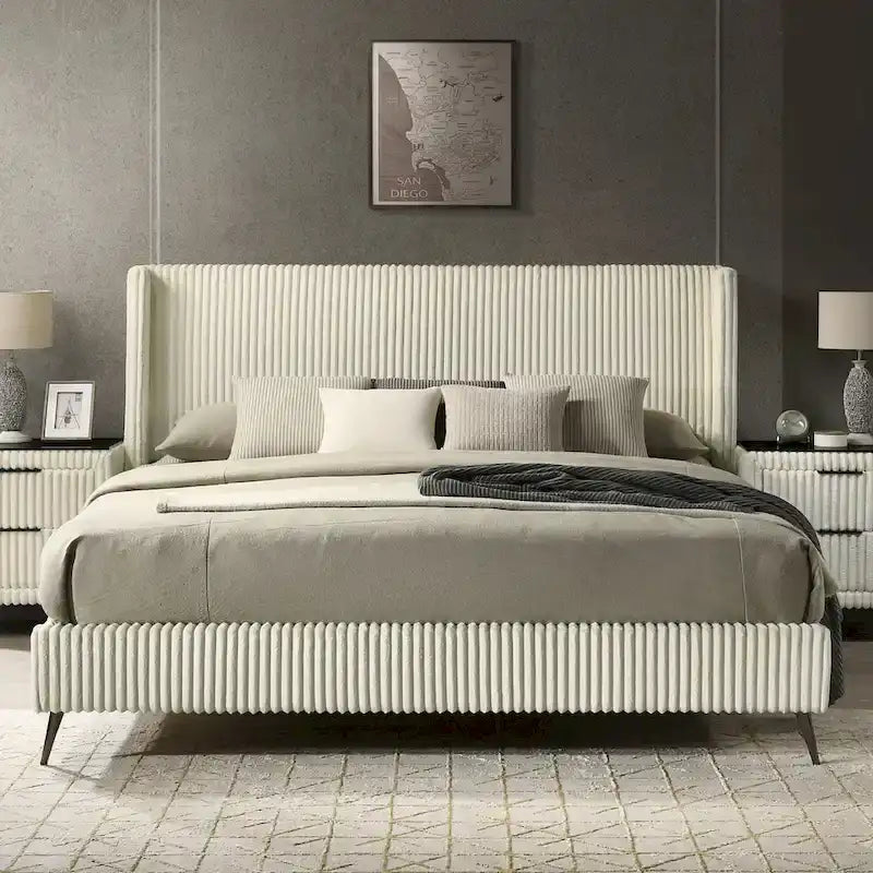 Roundhill Furniture Mavela King Size Panel Bed with Wide Wale Corduroy Upholstery