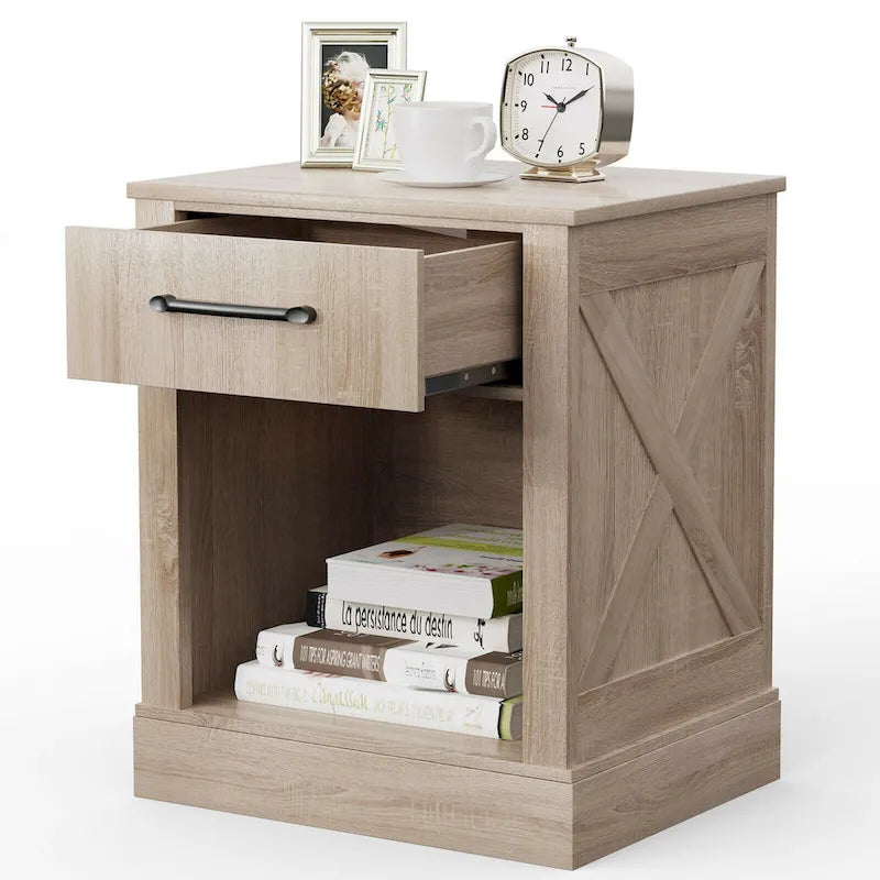 Rustic Wooden Bedside Table with Drawer and Shelf by Gymax