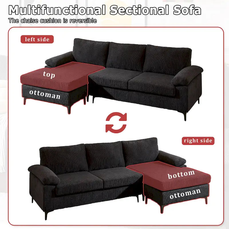 HOOOWOOO Reversible Corduroy Chaise Sofa with Wide Armrests and Ottoman for Living Room