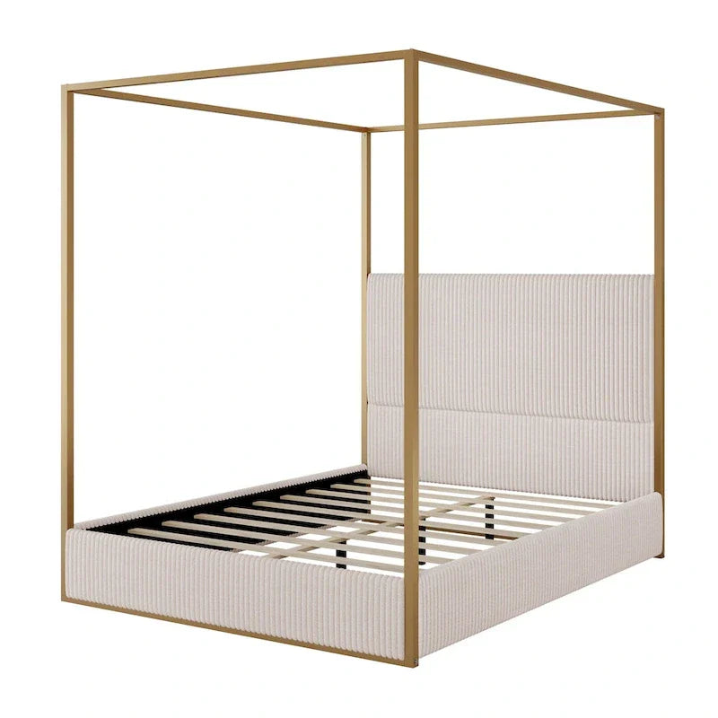 Metal Canopy Platform Bed with Vertical Stripe Upholstered Wingback Headboard - Four Poster, Low Profile Design