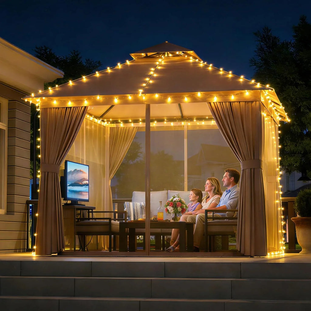 Aoxun Outdoor Gazebo for Patio 10x12, Metal Frame Canopy with Double Roofs, Heavy Duty Party Tent and Shelter with Mosquito Netting and Privacy Screen for Backyard, Lawn, Garden, Deck