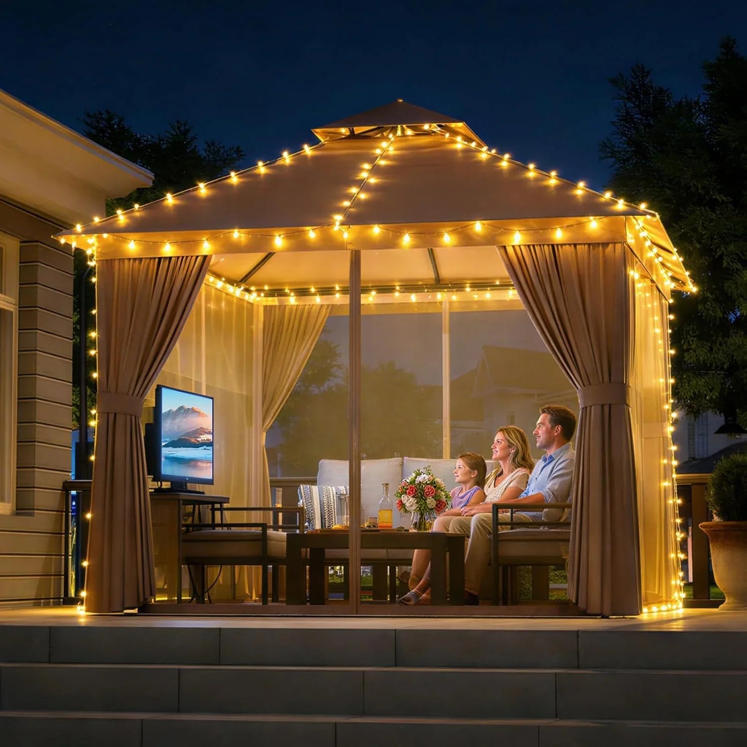 Aoxun Outdoor Gazebo for Patio 10x12, Metal Frame Canopy with Double Roofs, Heavy Duty Party Tent and Shelter with Mosquito Netting and Privacy Screen for Backyard, Lawn, Garden, Deck
