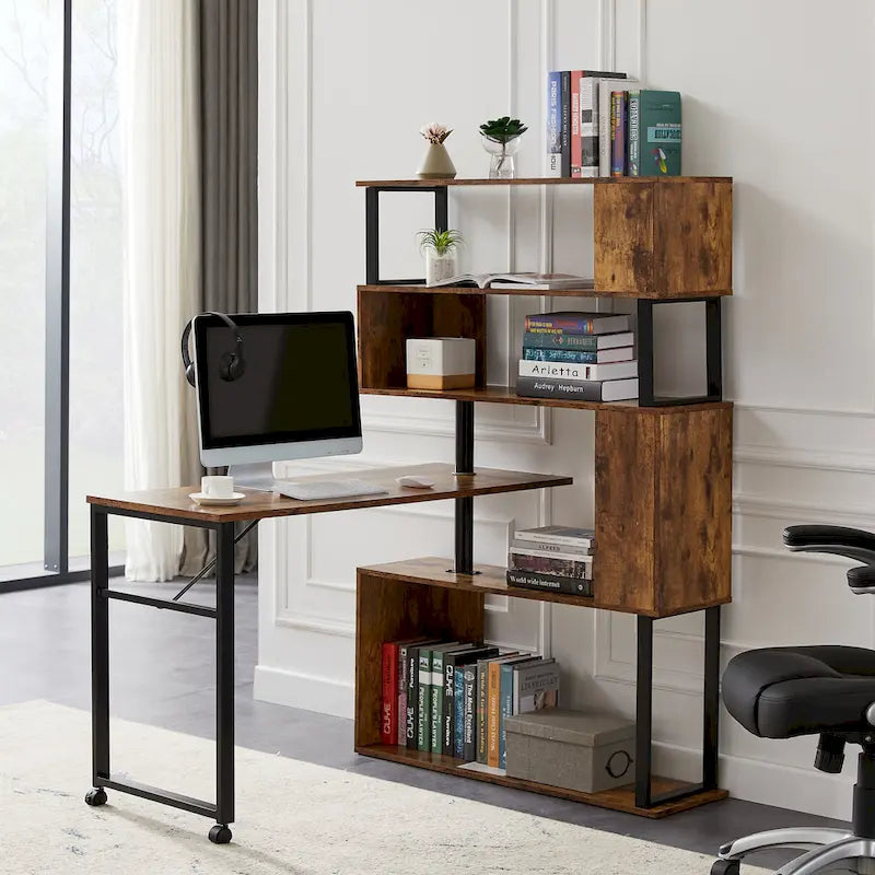 L-Shaped Corner Computer Desk with Rotating Features and 5-Tier Bookshelf for Home Office